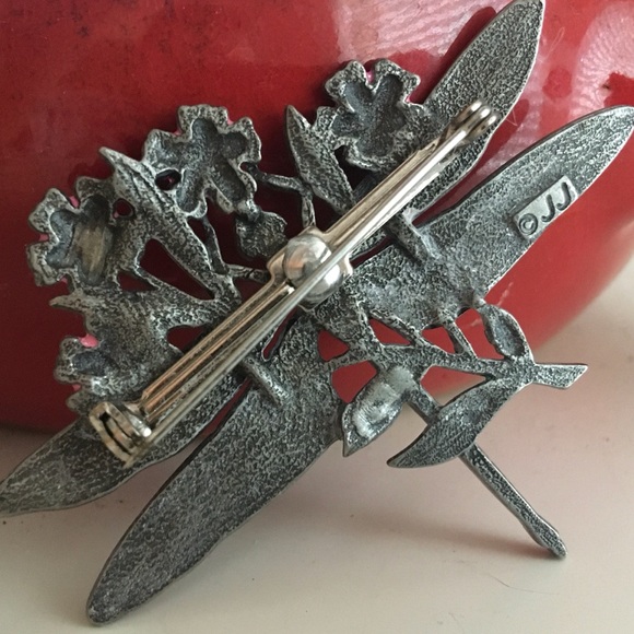 JJ JONETTE JONES Vintage Pewter Dragonfly Pink Flowers Pin Brooch - Picture 2 of 7